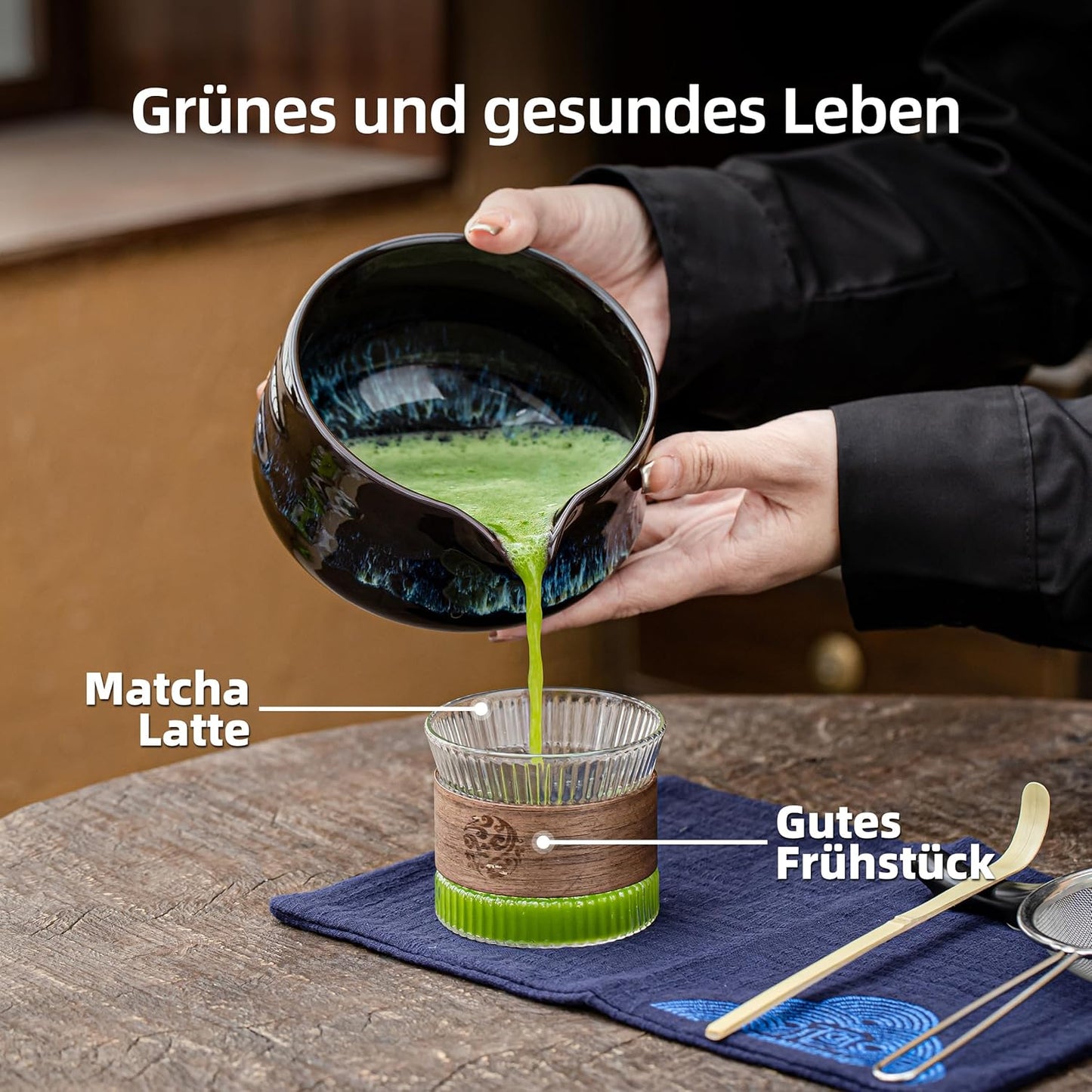 7-teiliges Matcha-Teeset mit Besen und Schale, 7pcs/set, Bowl with pouring spout Junware-blau +