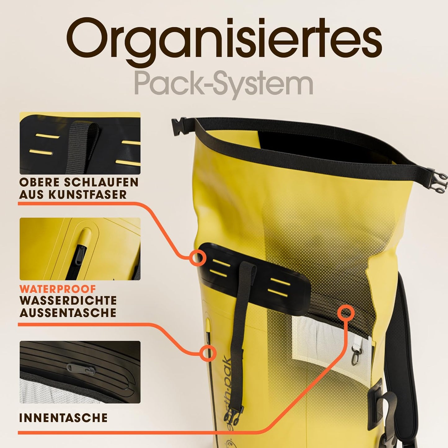 Wasserdichter Rolltop-Rucksack mit Handyhülle, 55L Gelb