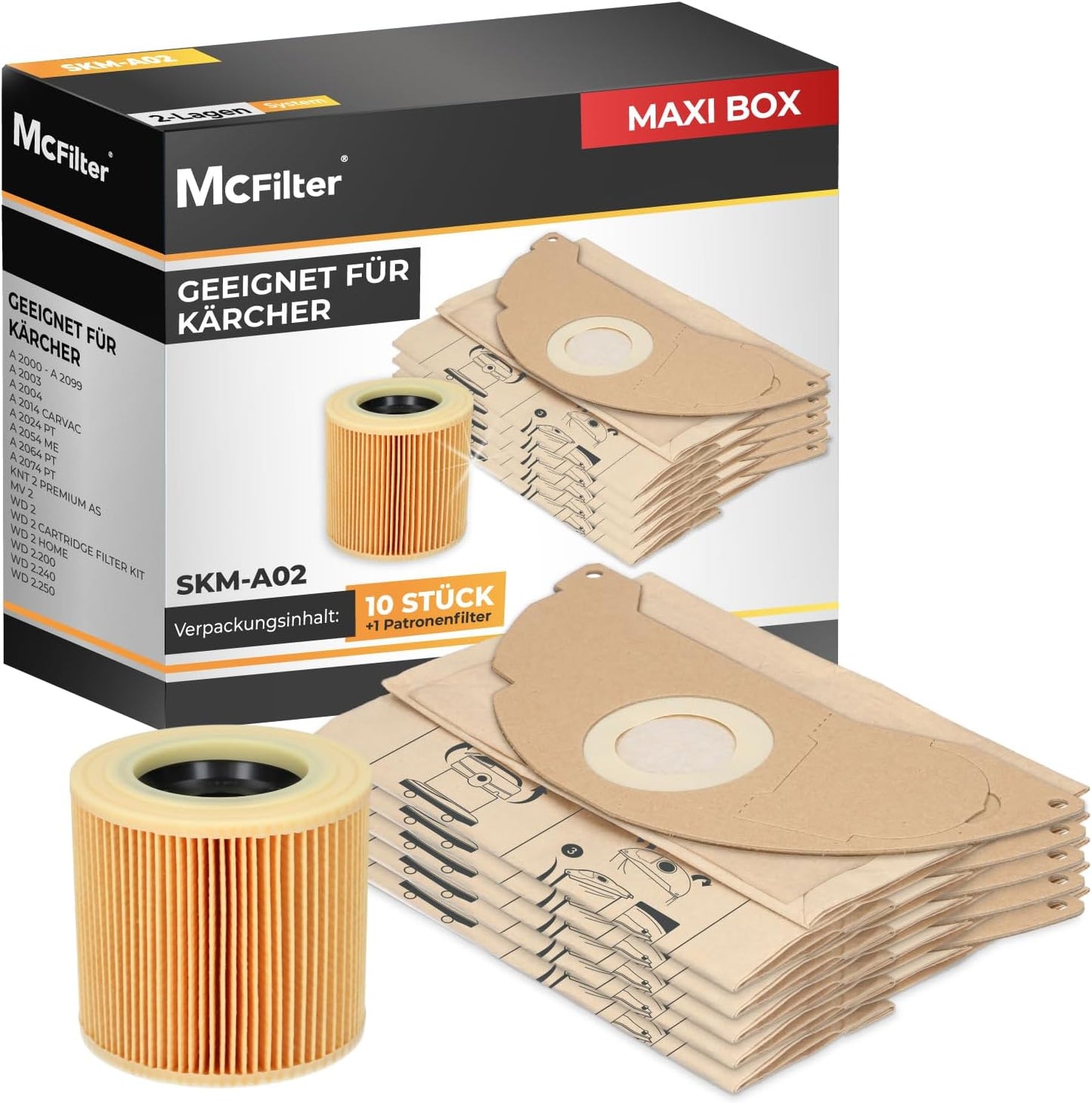 11-teiliges Staubsaugerbeutel-Set für Kärcher WD2/MV2, 10 Beutel + 1 Filter WD 2, MV 2