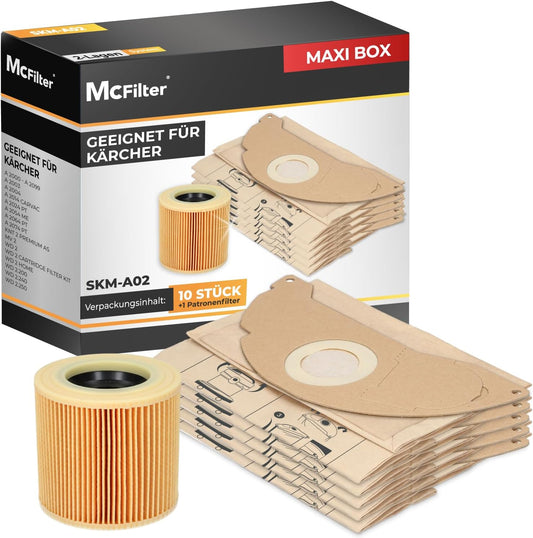 11-teiliges Staubsaugerbeutel-Set für Kärcher WD2/MV2, 10 Beutel + 1 Filter WD 2, MV 2