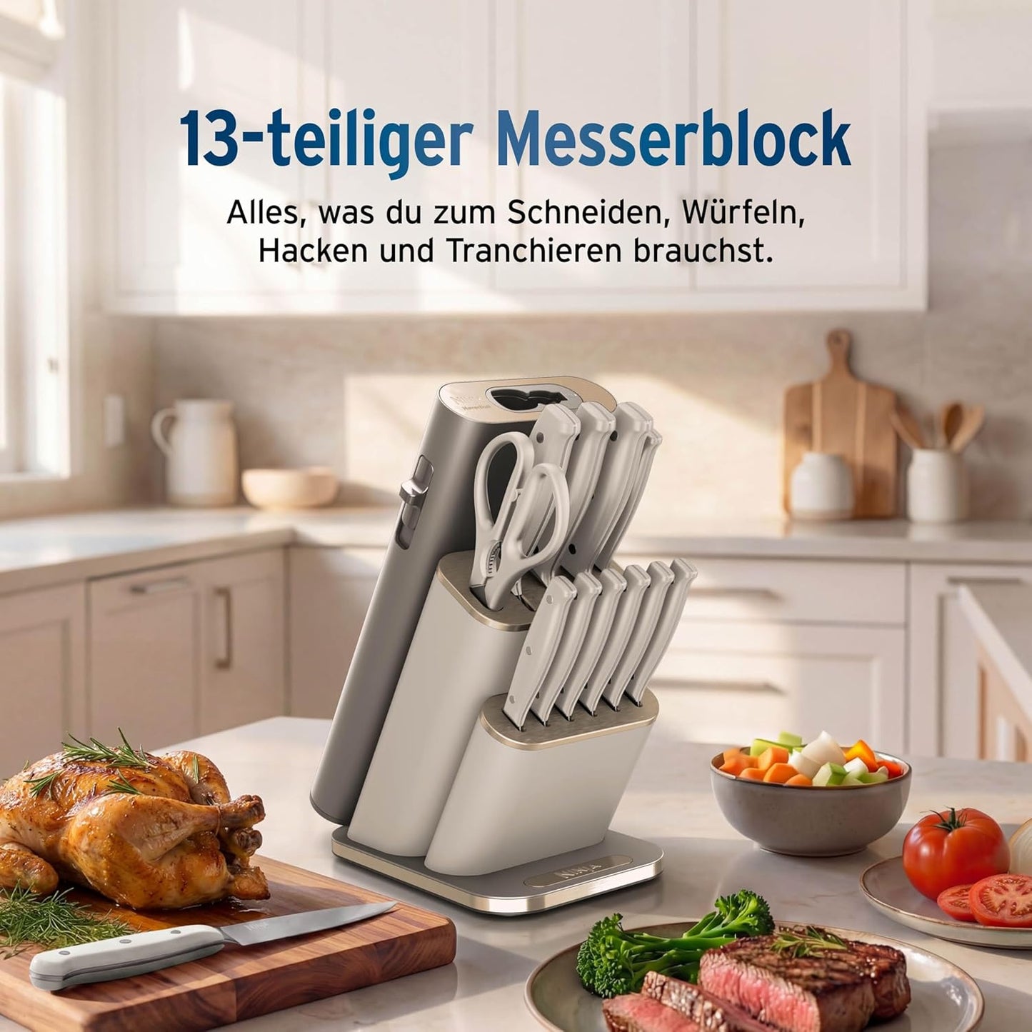 StaySharp Messerblock-Set mit Schärfer, 13-tlg Messerblock, Stein-gold
