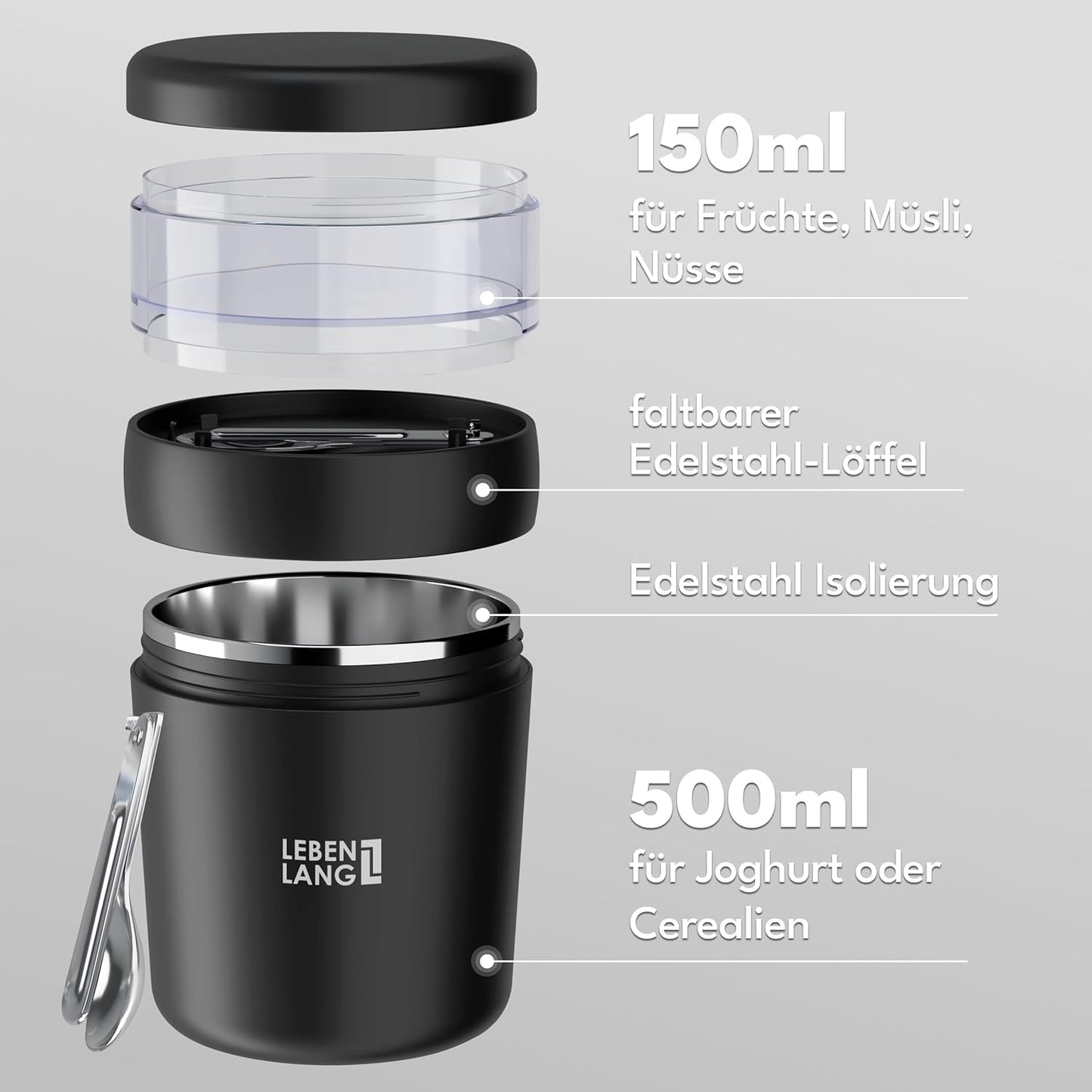 Müslibecher To Go mit Löffel, Schwarz 500ml + 150ml