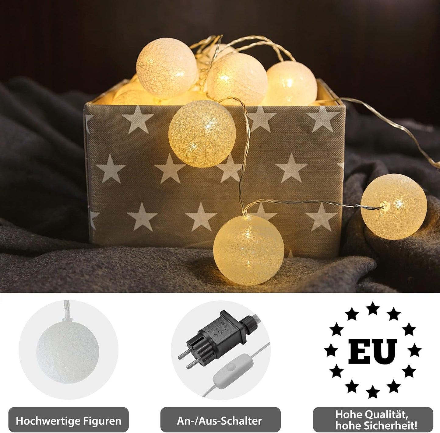 Lichterkette mit Baumwollkugeln, Cotton Ball White