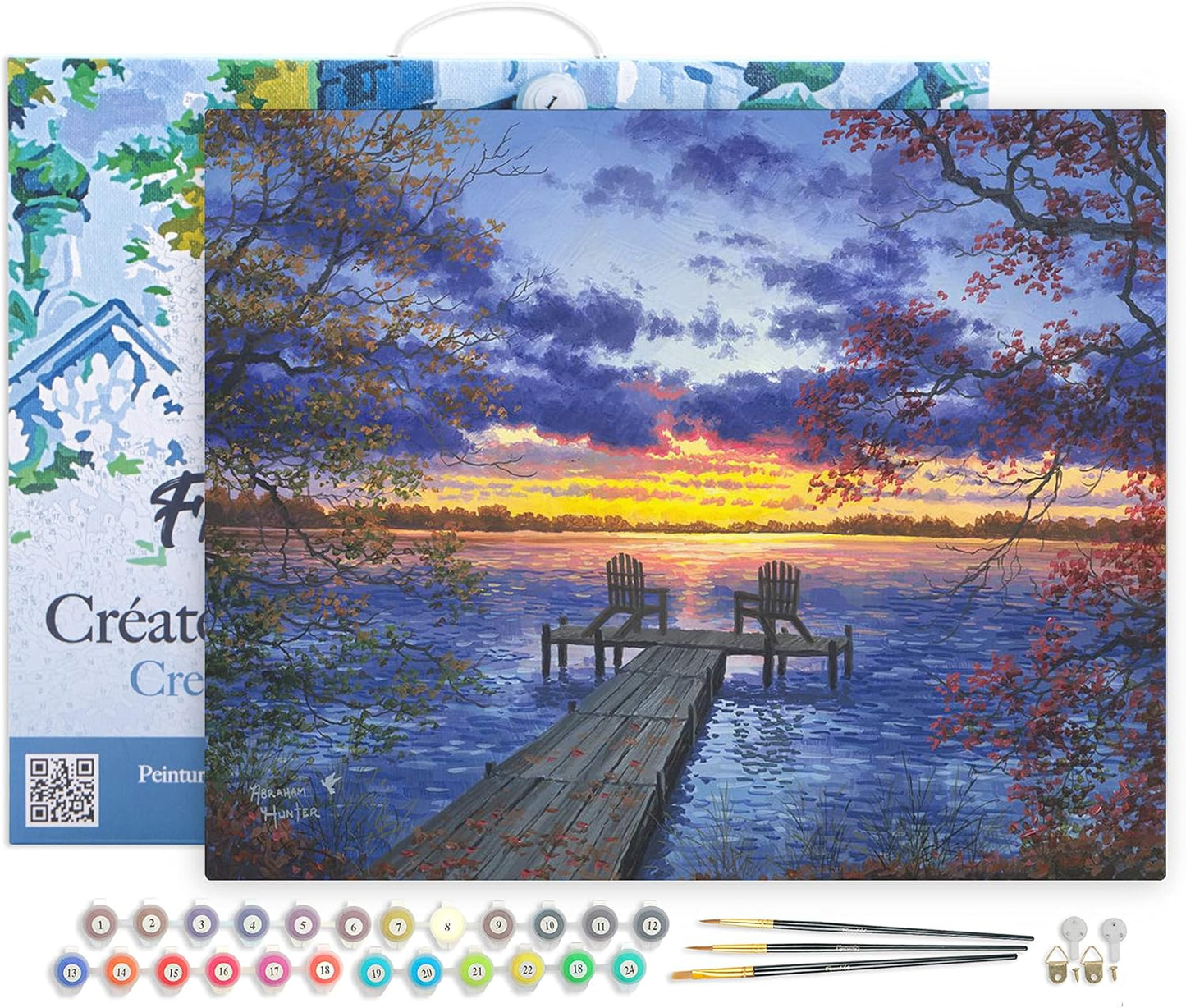 Malen nach Zahlen Set Abenddämmerung, Eine Abenddämmerung am Flusssteg 40x50cm Mit Rahmen (bereits gespannt)
