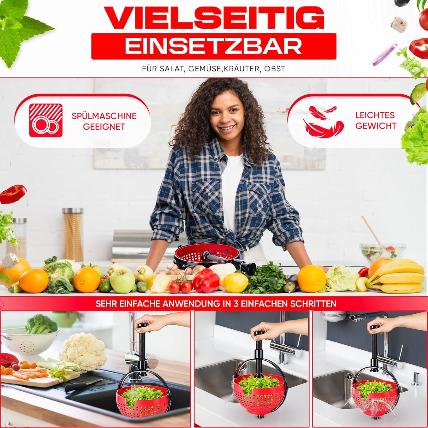 Salatschleuder mit praktischem Klappgriff, Rot