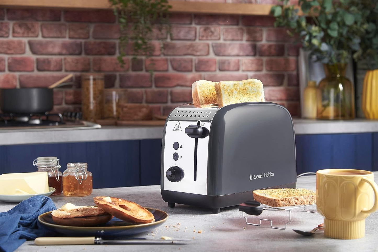 Colours Plus Toaster mit extra breiten Schlitzen, inkl. Brötchenaufsatz, Grau