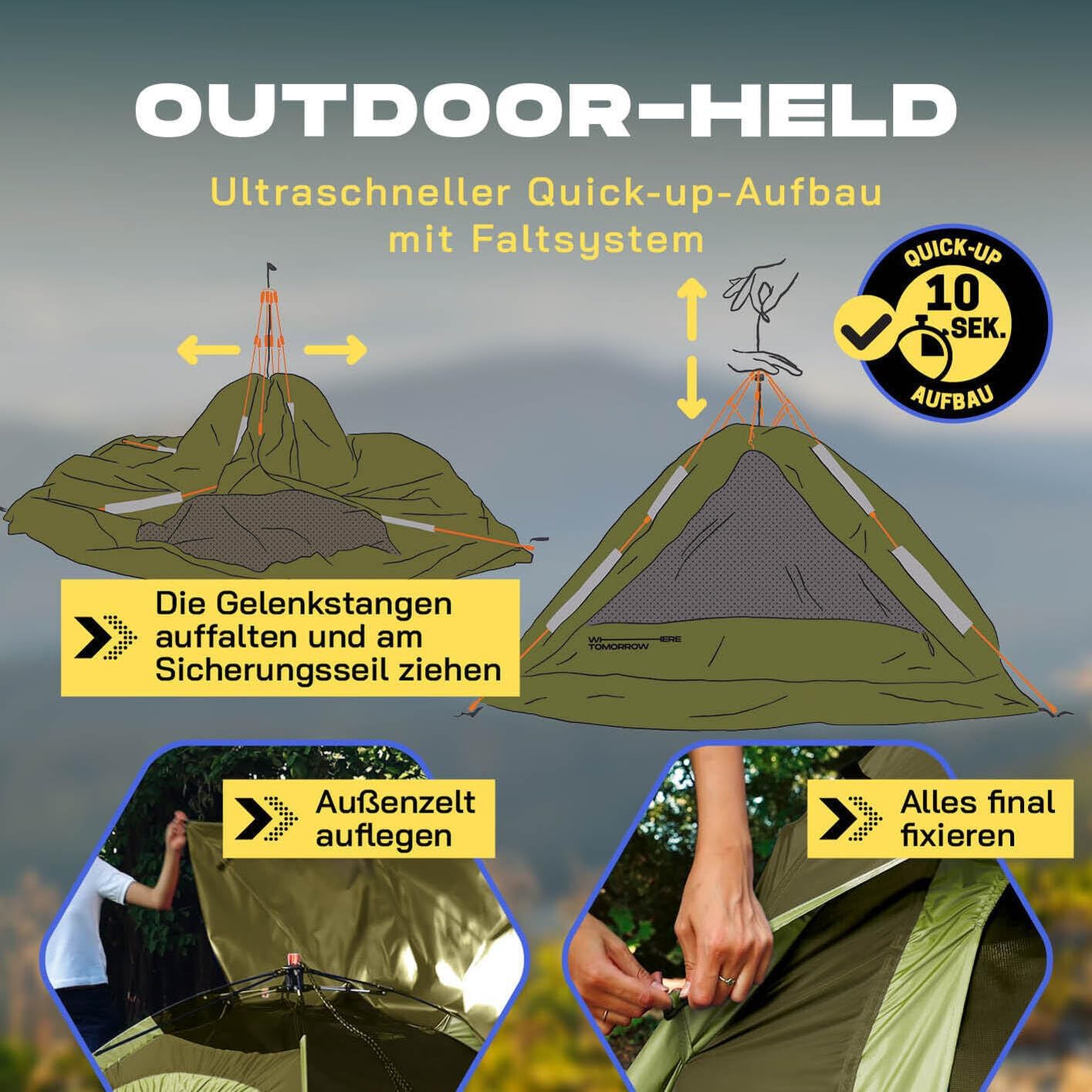 Pop Up Wurfzelt, Dunkelgrün 2-3 Personen | 1 Eingang