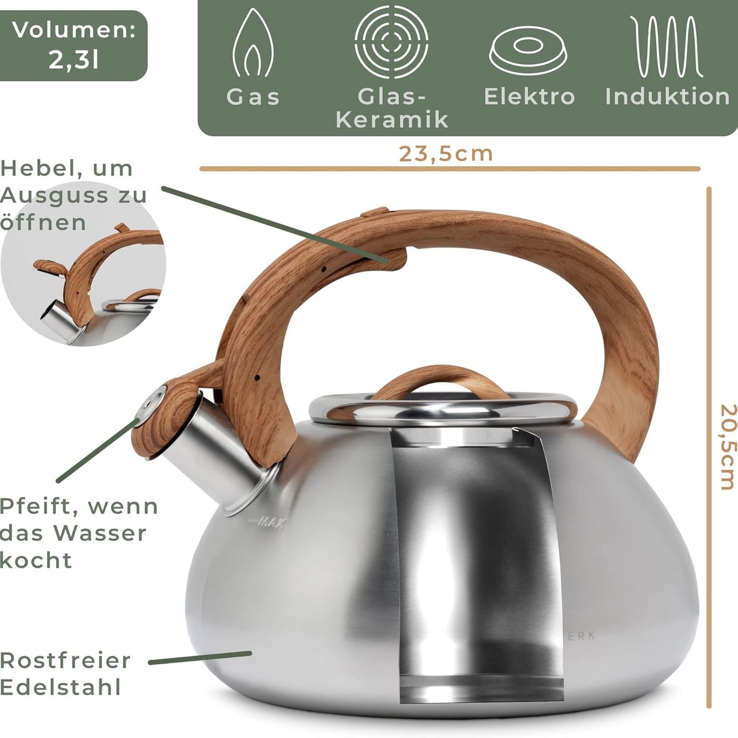 Wasserkessel, 2.3 Liter, Edelstahl & Kunststoff