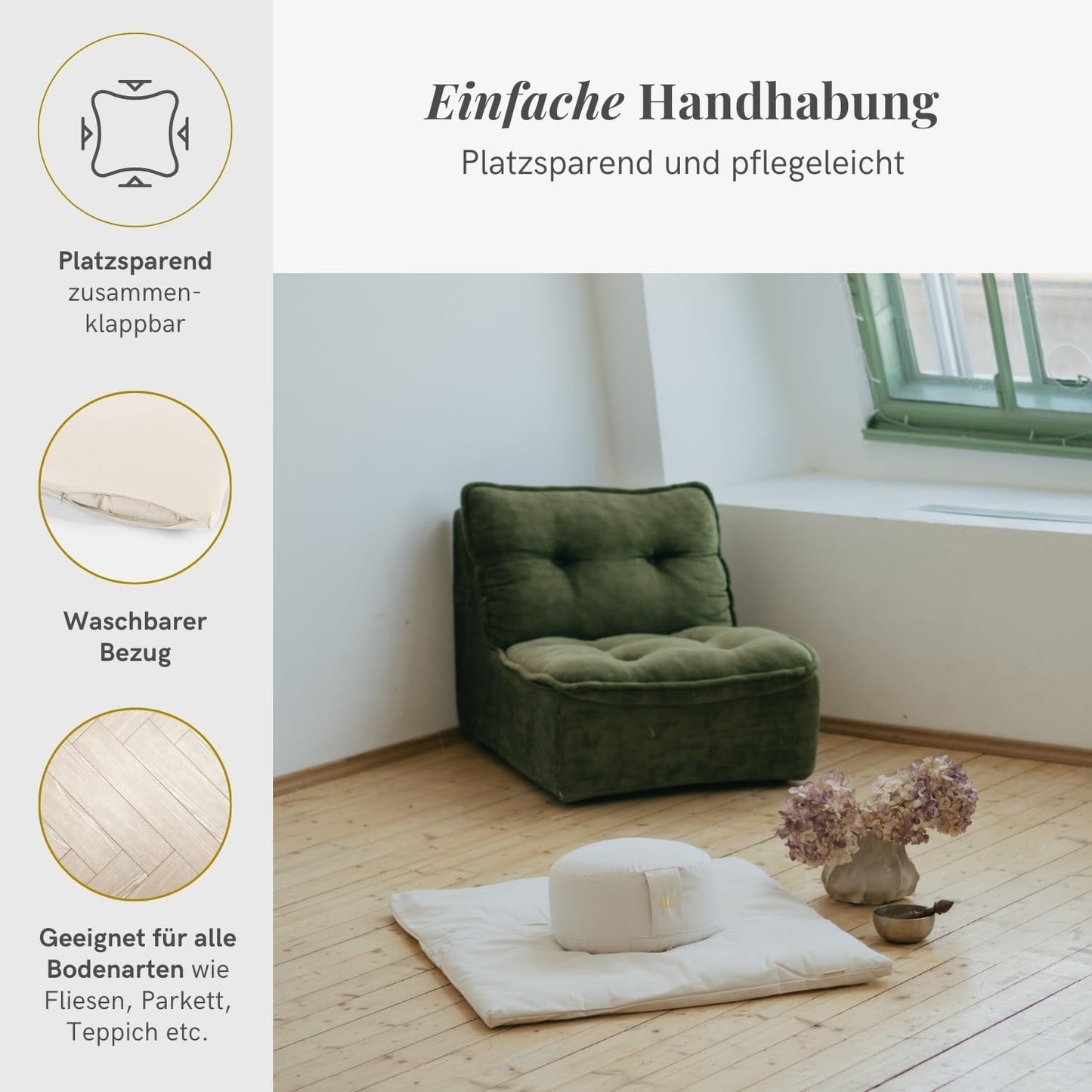 Meditationsmatte Zabuton Deluxe, 4 cm Naturweiss