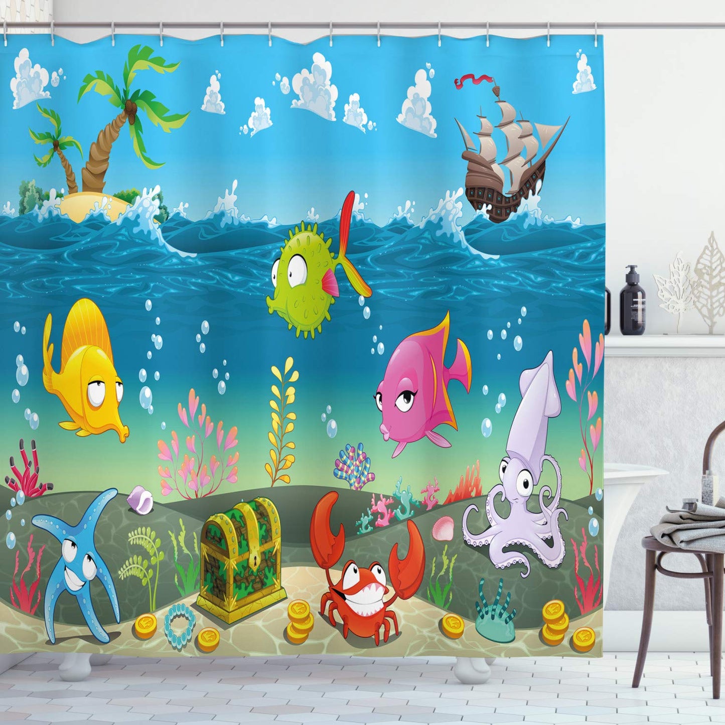 Cartoon Duschvorhang mit Meerestiere Unterwasser Motiven, H240 x B175 cm (1er Pack) Aqua Rosa