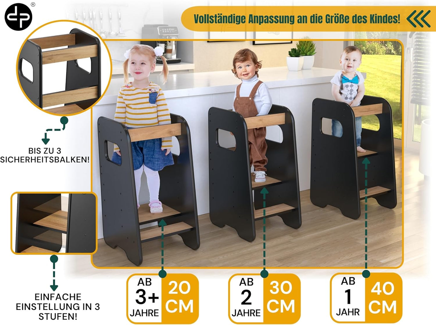 Lernturm, höhenverstellbar, kippsicher, Schwarz + Eiche