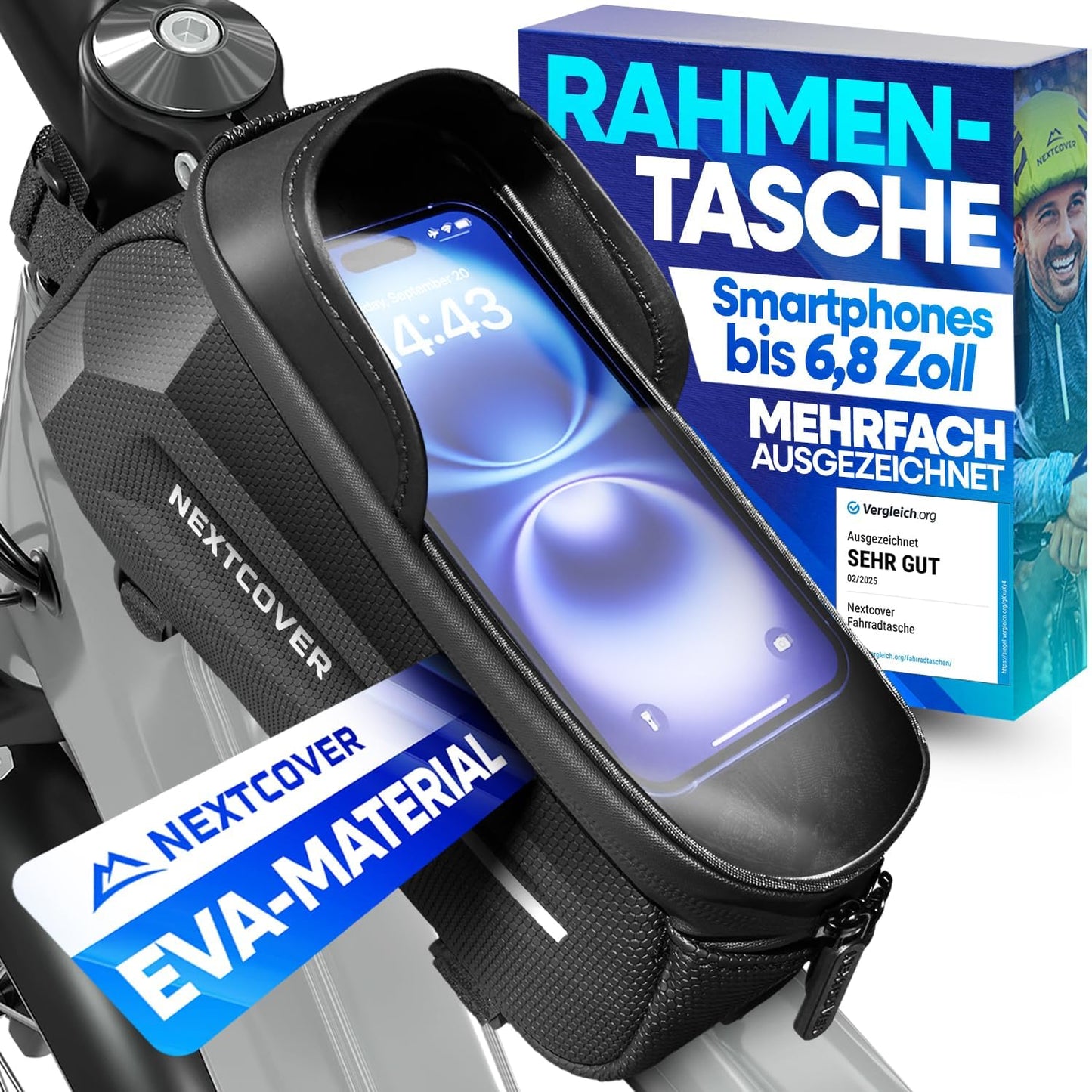 Velo-Rahmentasche mit Handytasche und Touchscreen, Schwarz