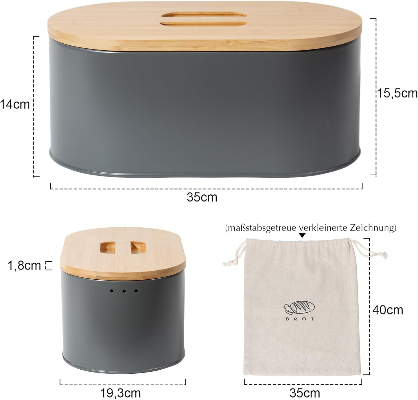 Metall-Brotbox mit Bambusdeckel, grosse Kapazität, 8l-grau-35*19,3*15,5cm