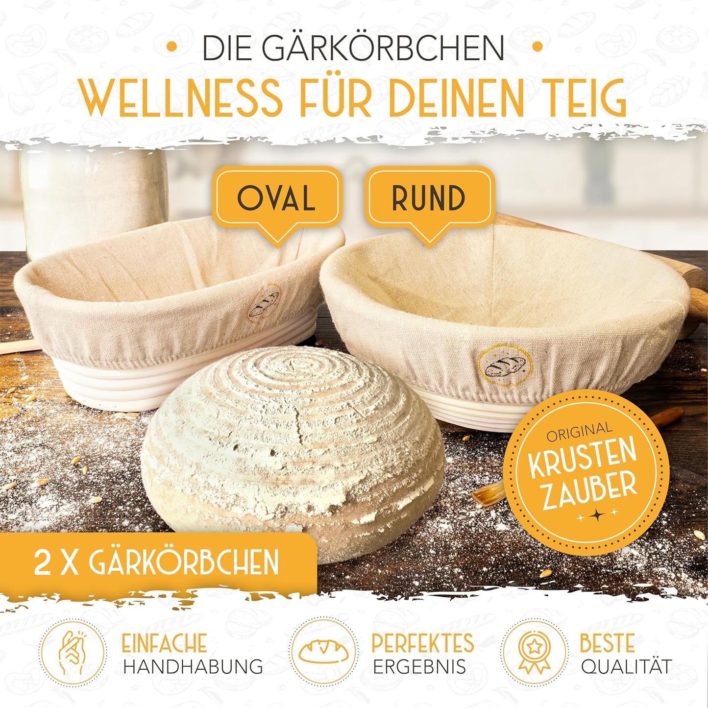 Gärkörbchen & Sauerteig Starter Set, Gärkorb-Set + 600ml Starter + Zubehör