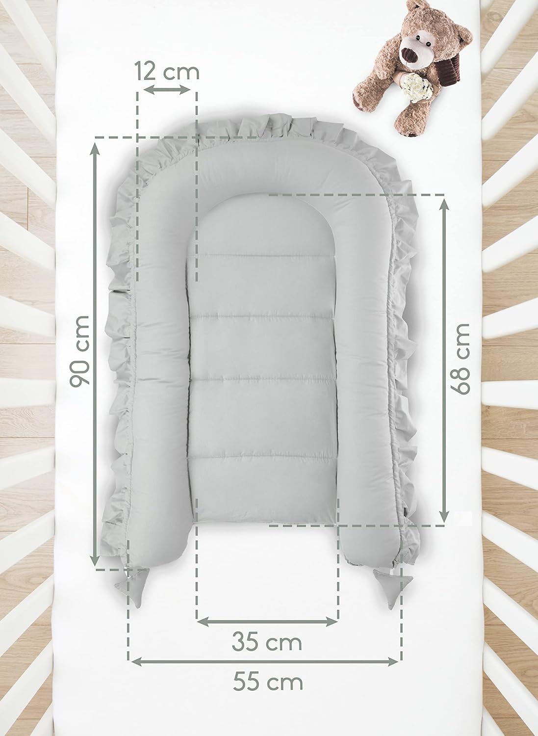 Babynest mit Rüschen für Neugeborene 100% Baumwolle, Grau