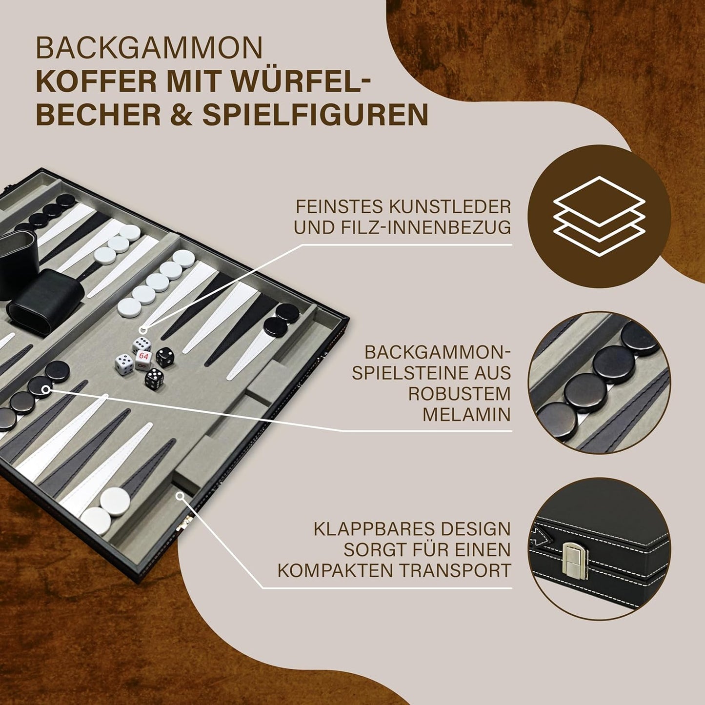 Attaché Koffer Backgammon-Set (inkl. Würfelbecher), Koffer