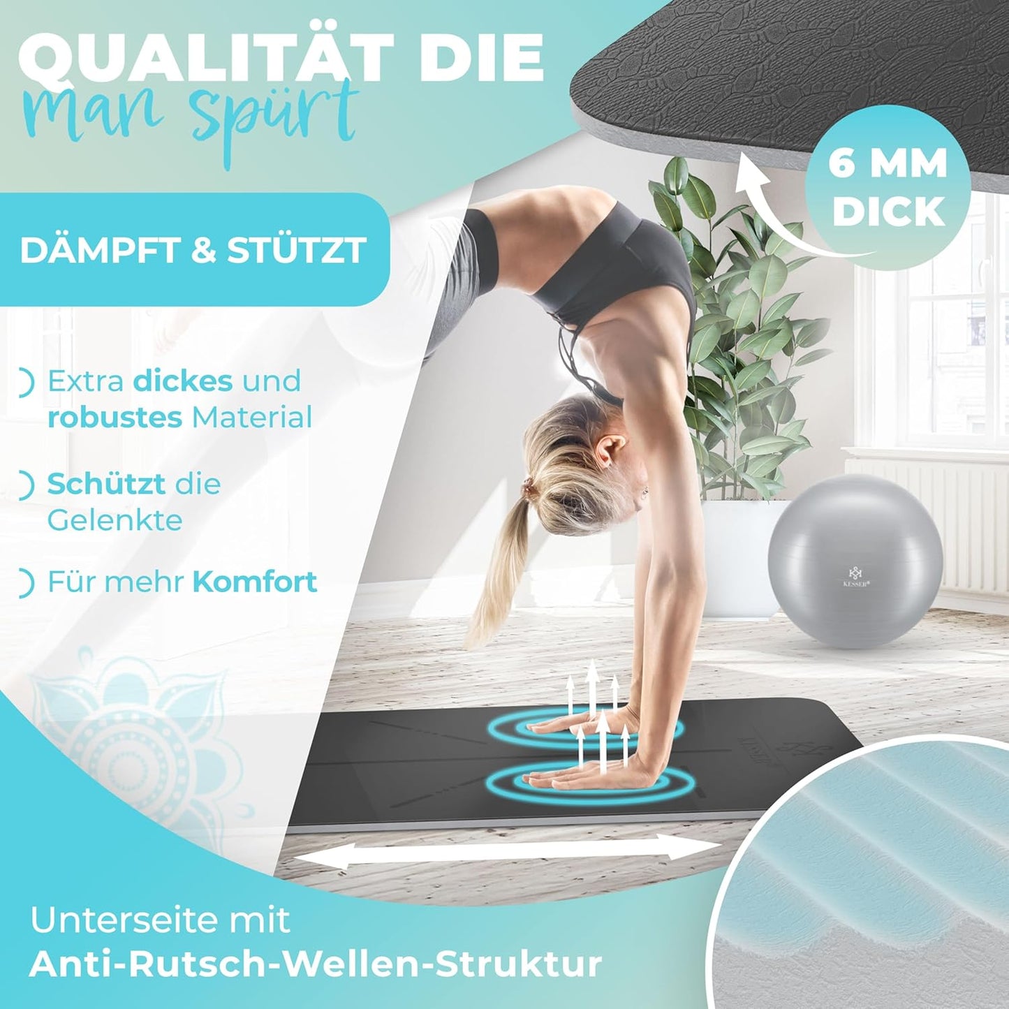Gymnastik- und Yogamatte mit Tragegurt, Grau