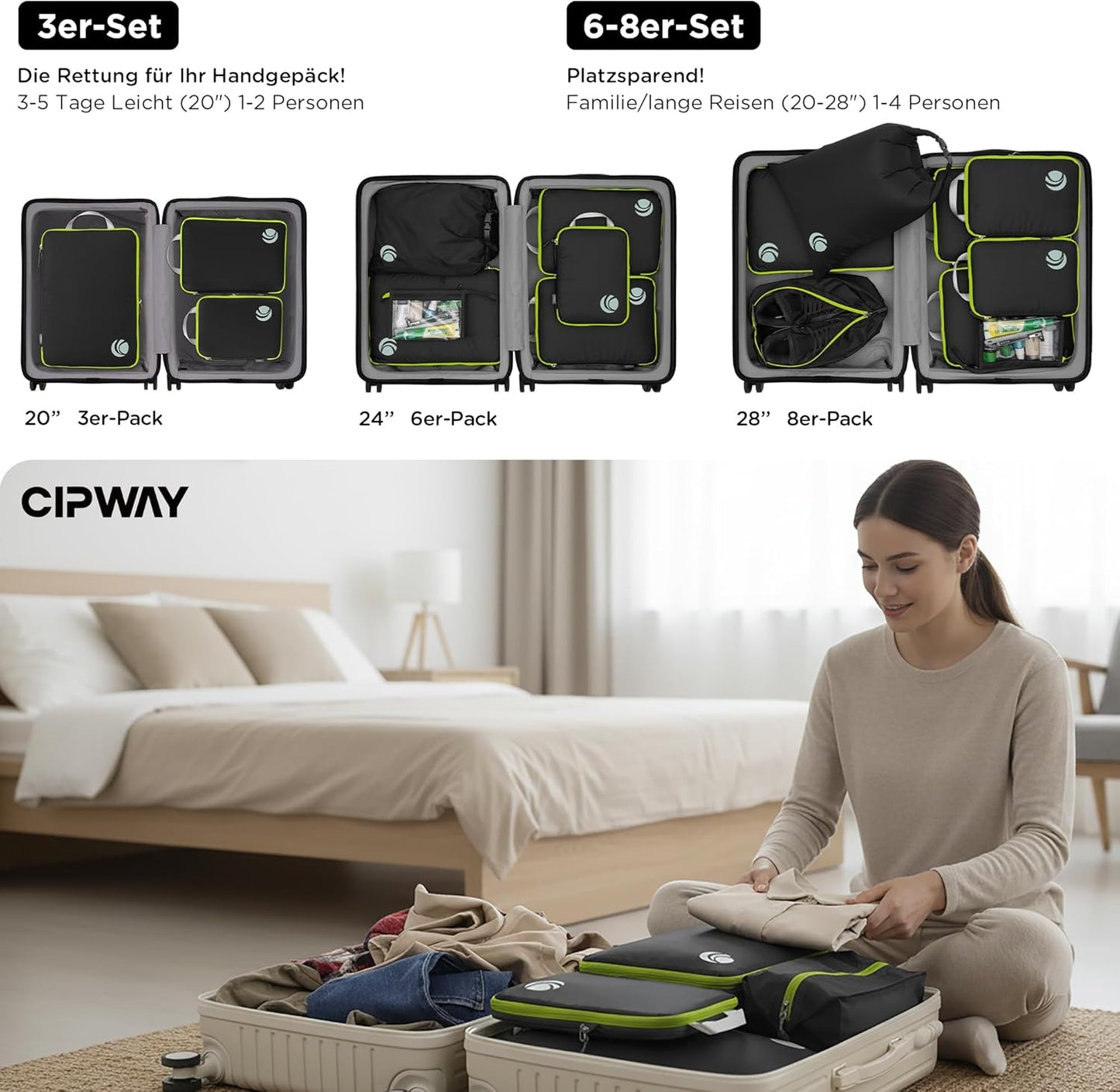 Kompression Kofferorganizer-Set, 8PCS Schwarz
