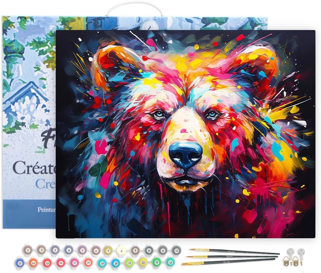 Malen Nach Zahlen Bär, Bär Farbenfroh Abstrakt 40x50cm Mit Rahmen (bereits gespannt)
