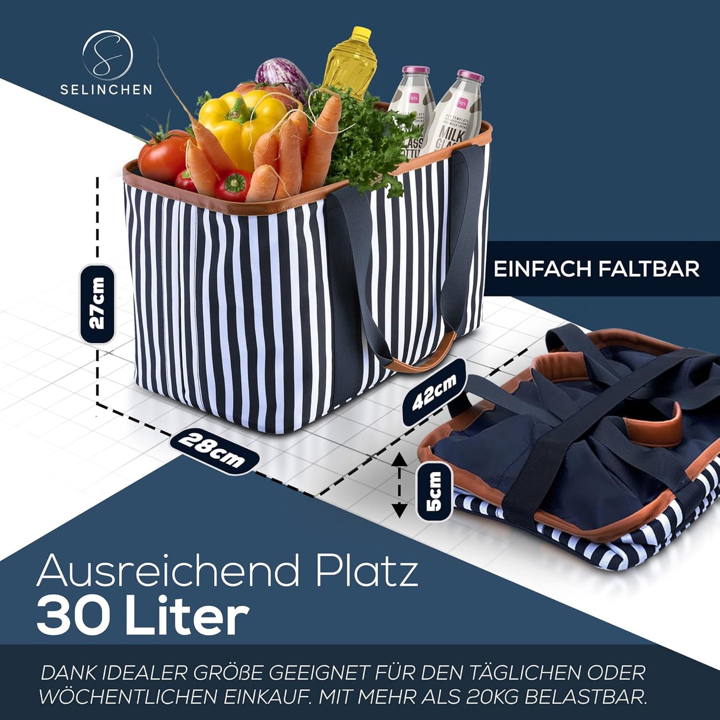 Premium Einkaufskorb mit PU-Griff, Blau