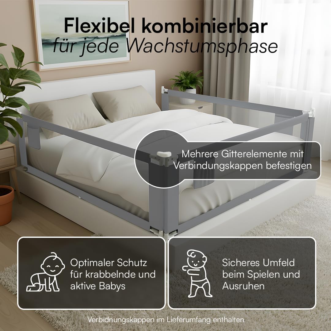 Rausfallschutz – Bettschutzgitter 150 cm, Hellgrau 150 cm mit Gurt