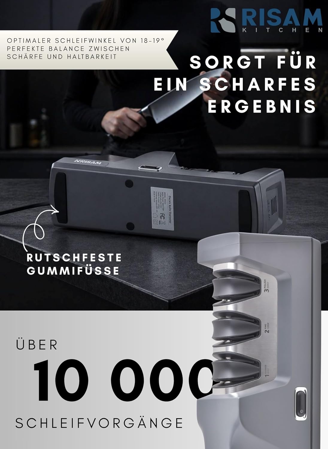 Elektrischer Messerschärfer mit 3-Stufen-Schleifsystem, Anthrazit