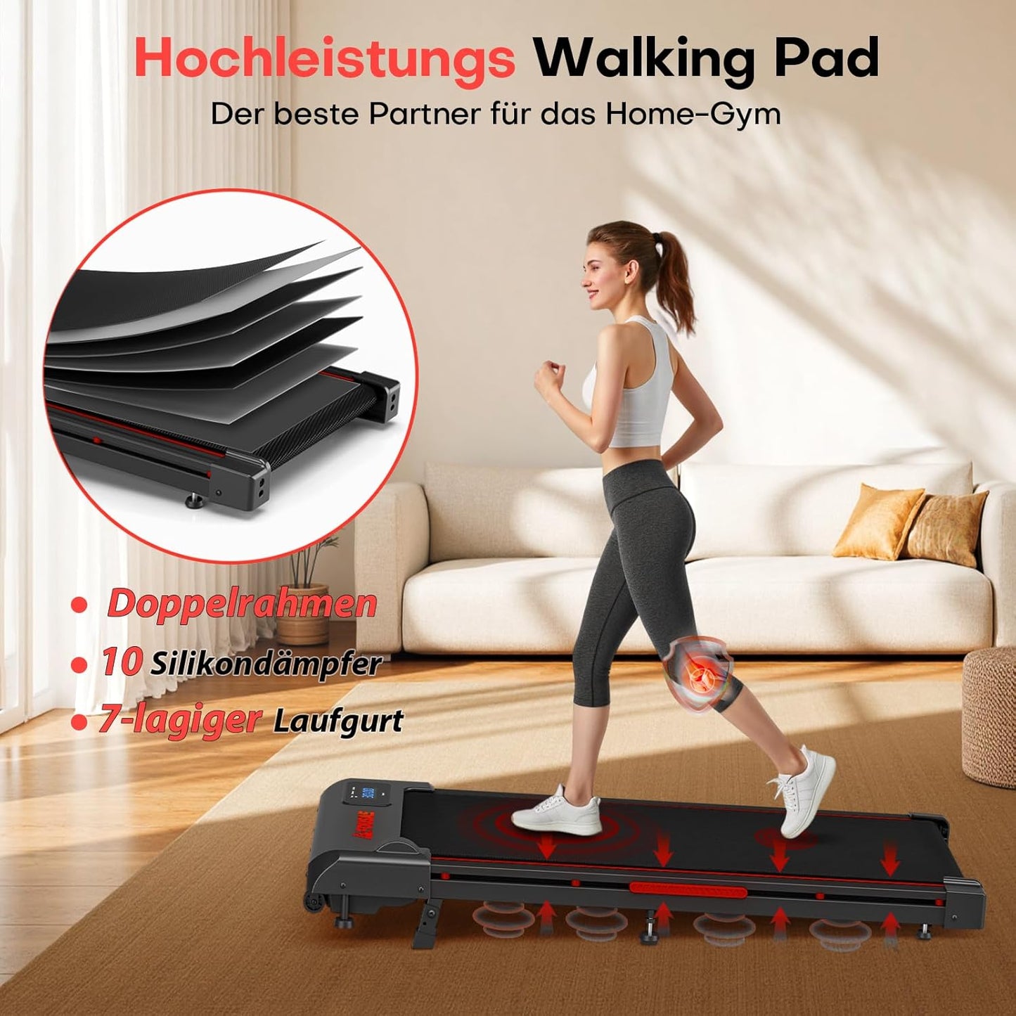 Walking Pad mit Steigung und 12 Programmen, Schwarz Rot