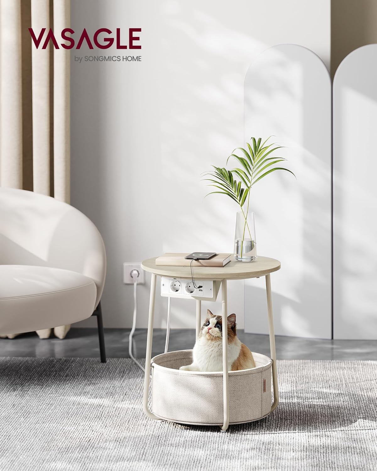 Runder Beistelltisch mit Steckdose und Stauraum, Naturbeige + Cremeweiss