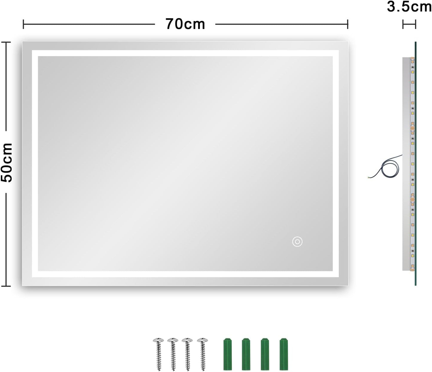 LED Badspiegel mit Touch-Schalter, 50x70 cm, Beschlagfrei + Kaltweiß + Touch 50L x 70B cm