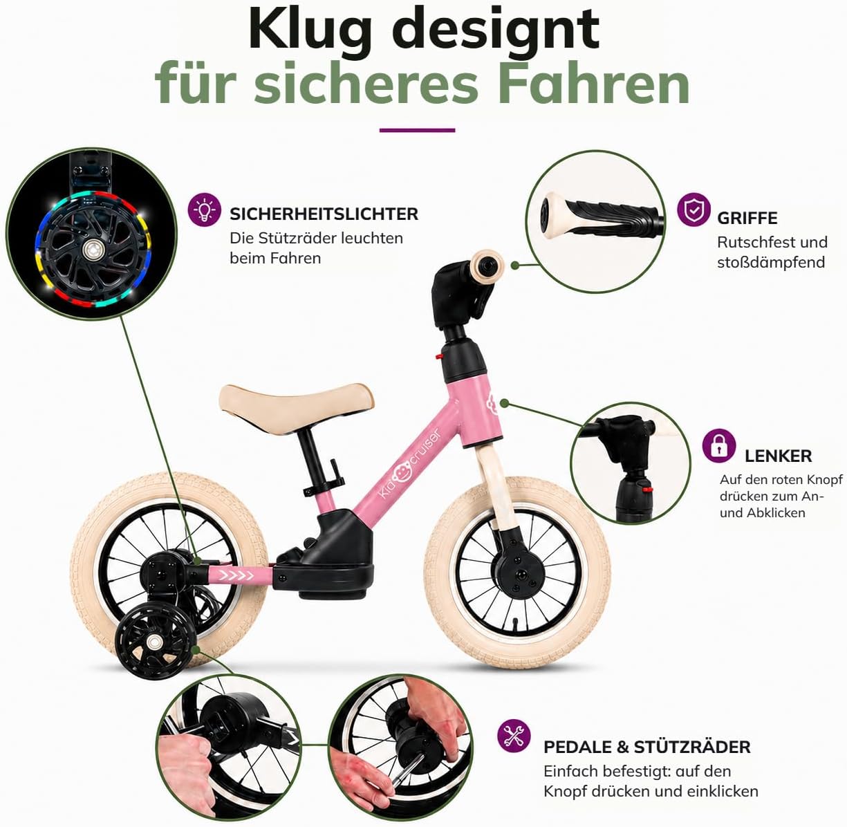 3in1 Laufrad mit Pedalen und Stützrädern, Rosa & Cremeweiss
