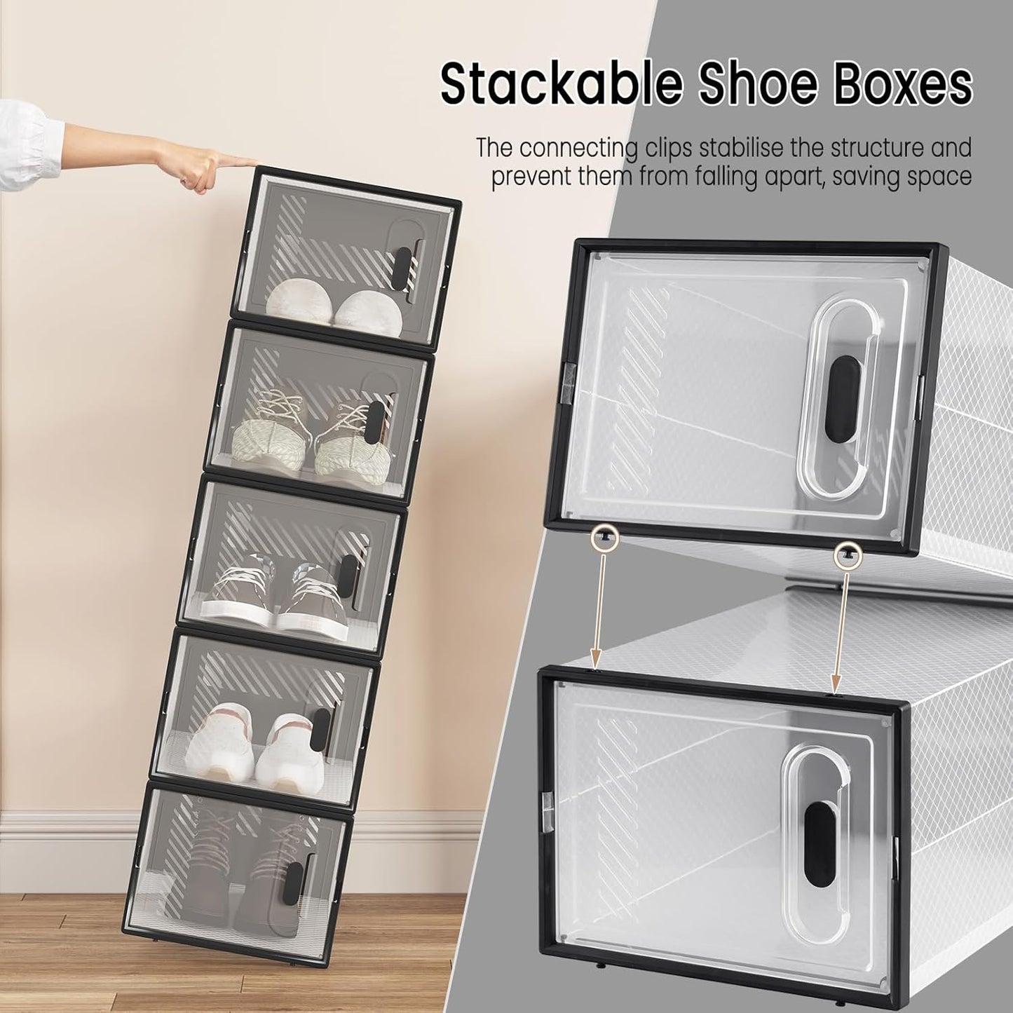 Stapelbare Schuhboxen-Set mit Magnettür (12 Stück), Transparent+schwarz 12er 35x19x25 cm