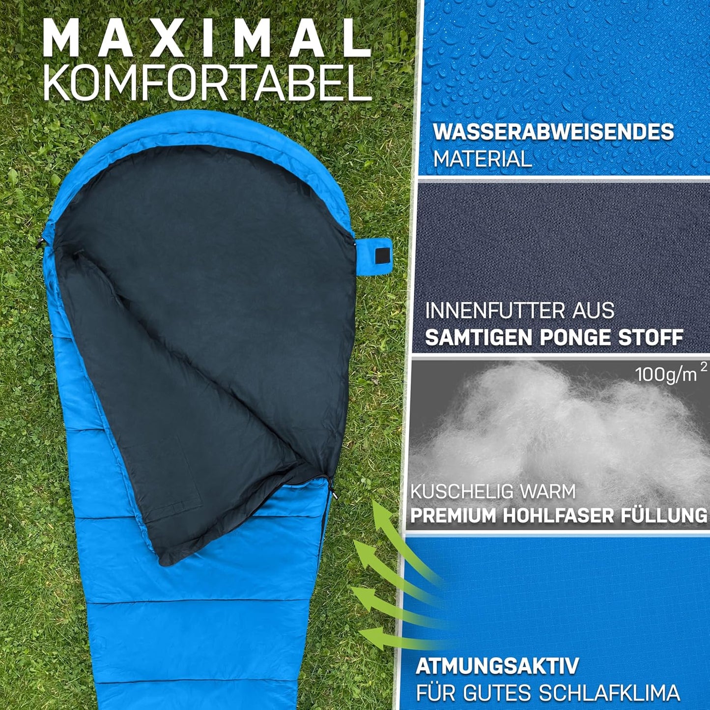 3-Jahreszeiten Mumienschlafsack, Hellblau Sommer - 750g