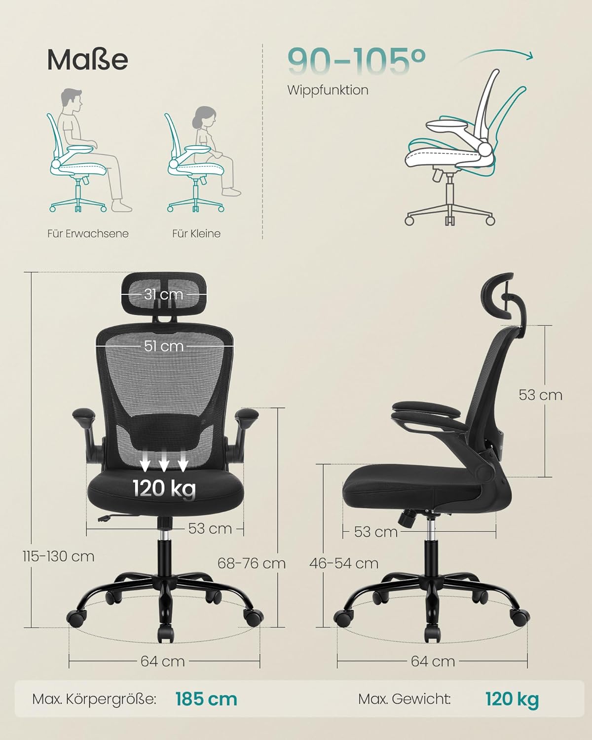 Ergonomischer Bürostuhl, Tintenschwarz Mit Kopfstütze