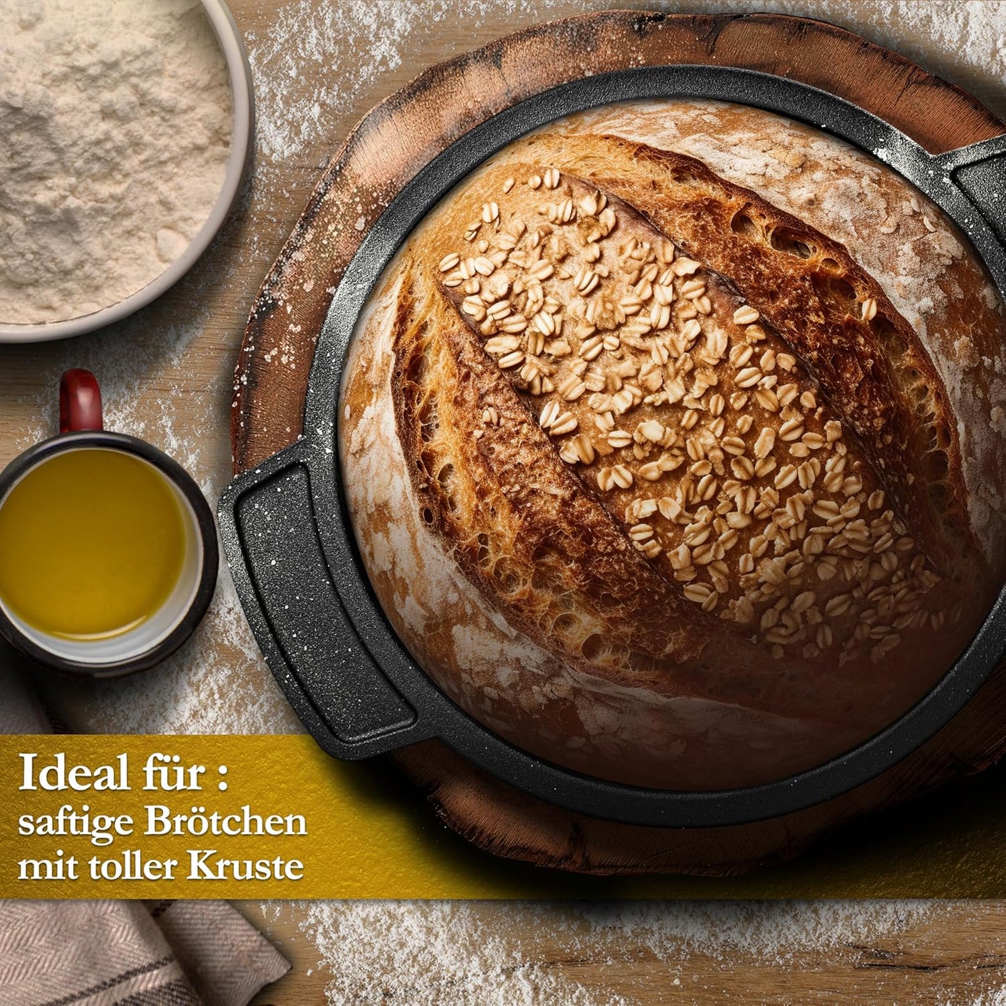 4-teiliges mini Brotbacktopf Set mit Rezeptbuch und Pflegepaste, Schwarz 4x 300 ml