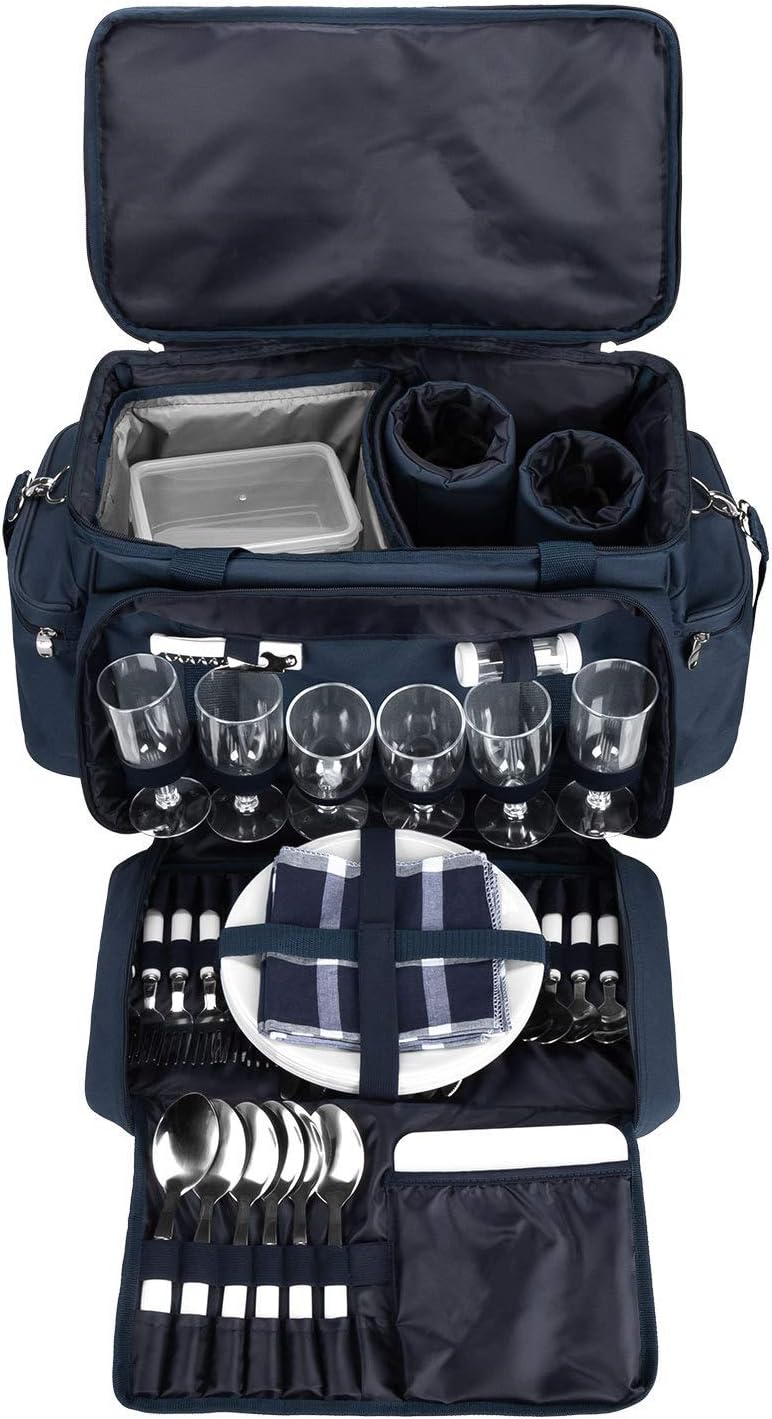 XXL Picknicktasche Set für 6 Personen (57-teilig), Navy Blau Weiss