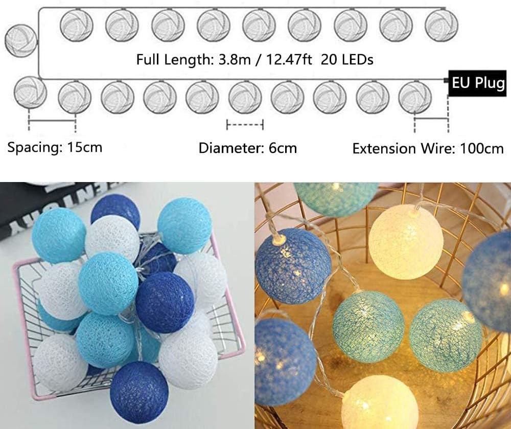 LED-Lichterkette mit Baumwollkugeln, Stecker Blau