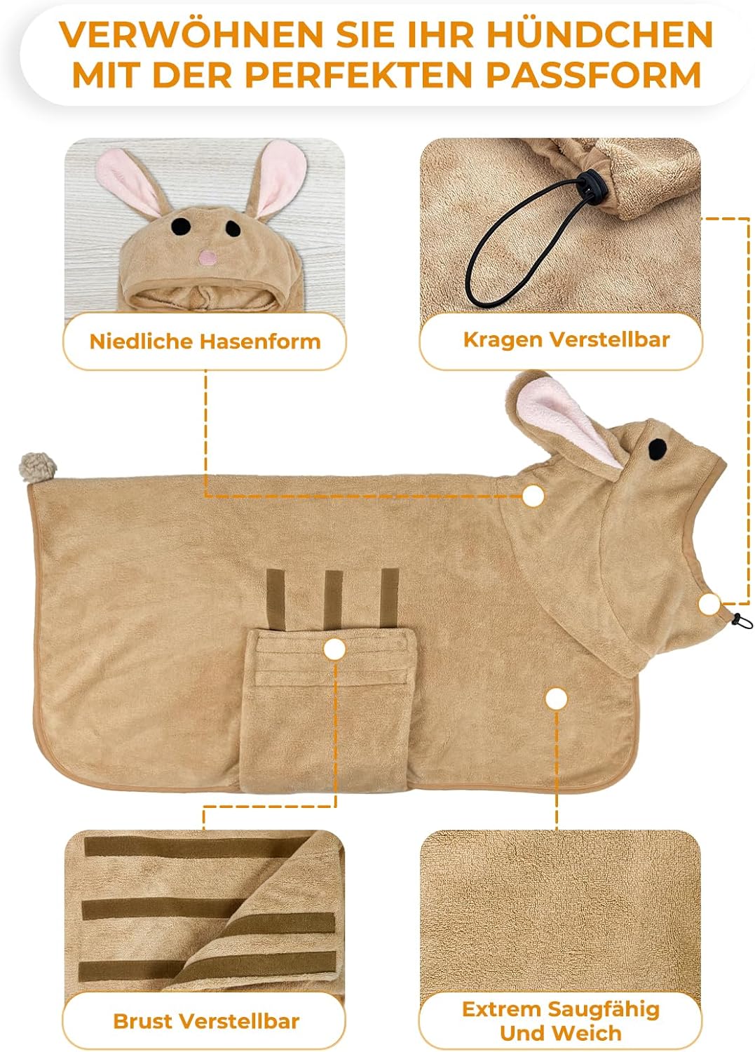 Hundebademantel aus Mikrofaser, schnell trocknend, XL Kaninchen
