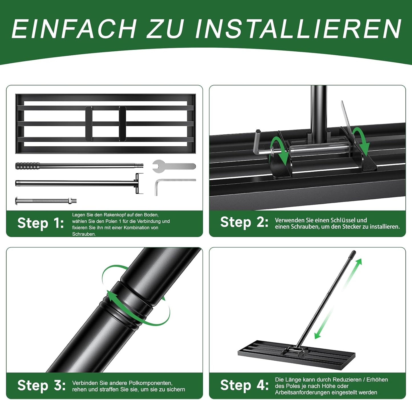 Rasen-Nivellierungsrechen mit verstellbarem Stiel, 198cm 76x25cm