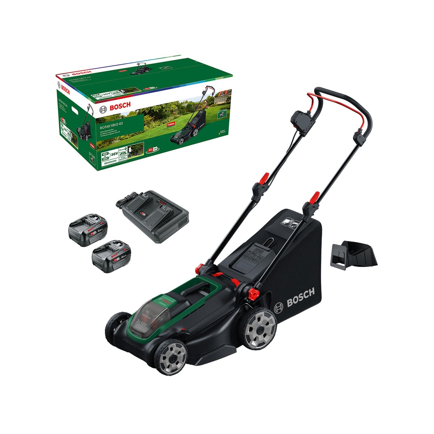 Akku-Rasenmäher Rotak 18V (inkl. 2 Akkus, Ladegerät), 2 Akkus + 1 Ladegerät