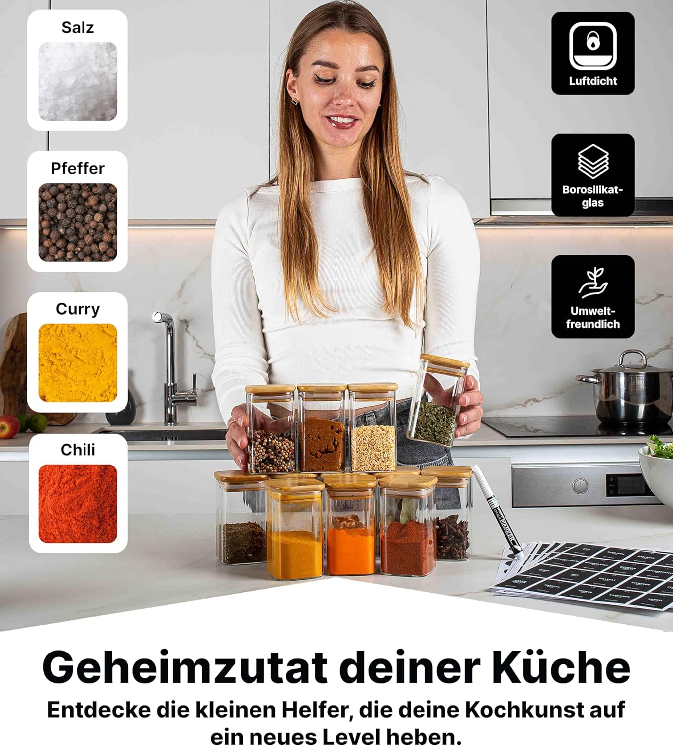 Vorratsgläser-Set mit Deckel, 12 Stk., 1 Grösse/280ml, eckig