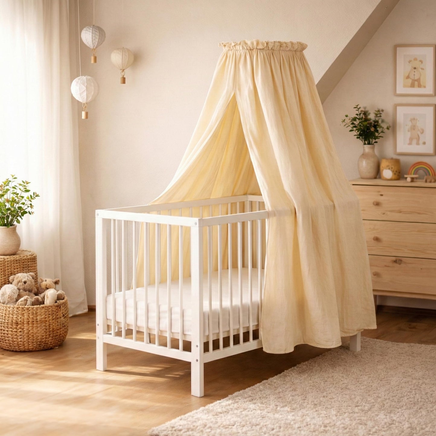 Betthimmel Set mit Himmelstange, montierbarer Ständer + Stoff creme
