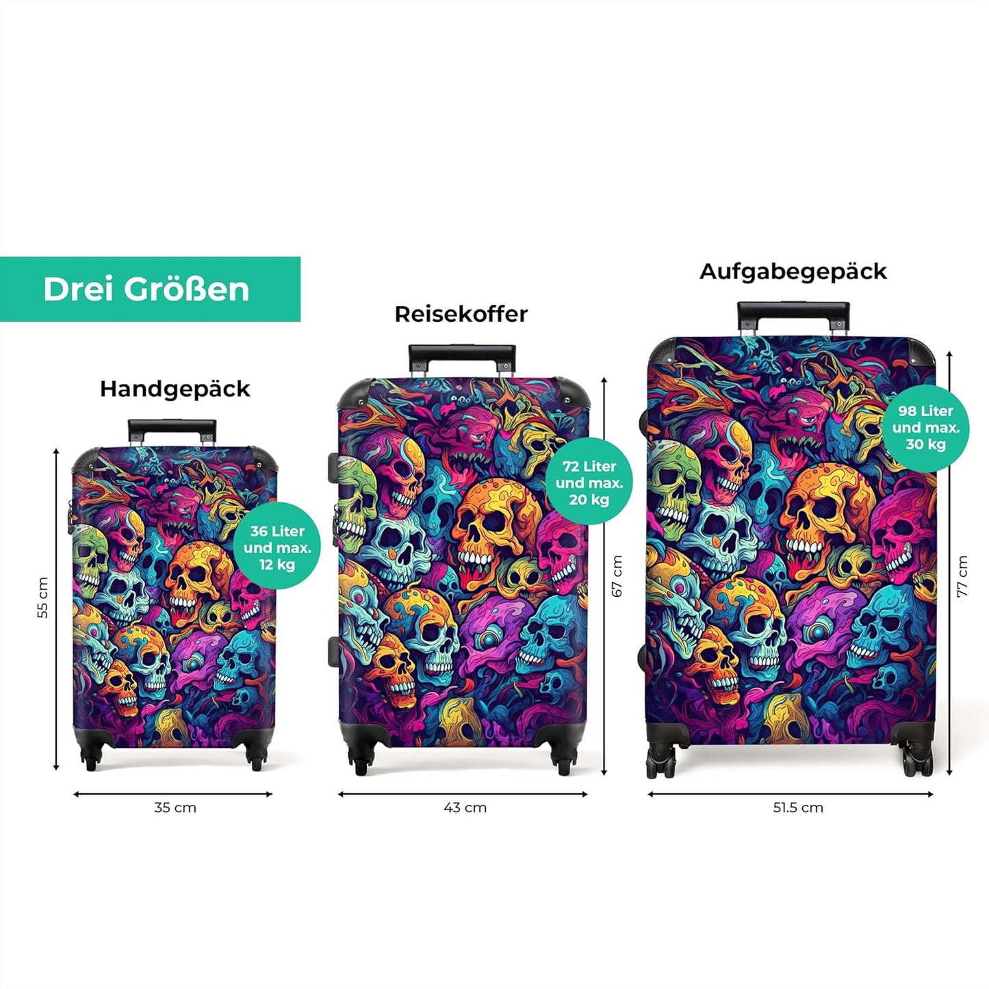 Grosser Hartschalenkoffer XL mit Rollen (77 cm), Schädel in Neonfarben L