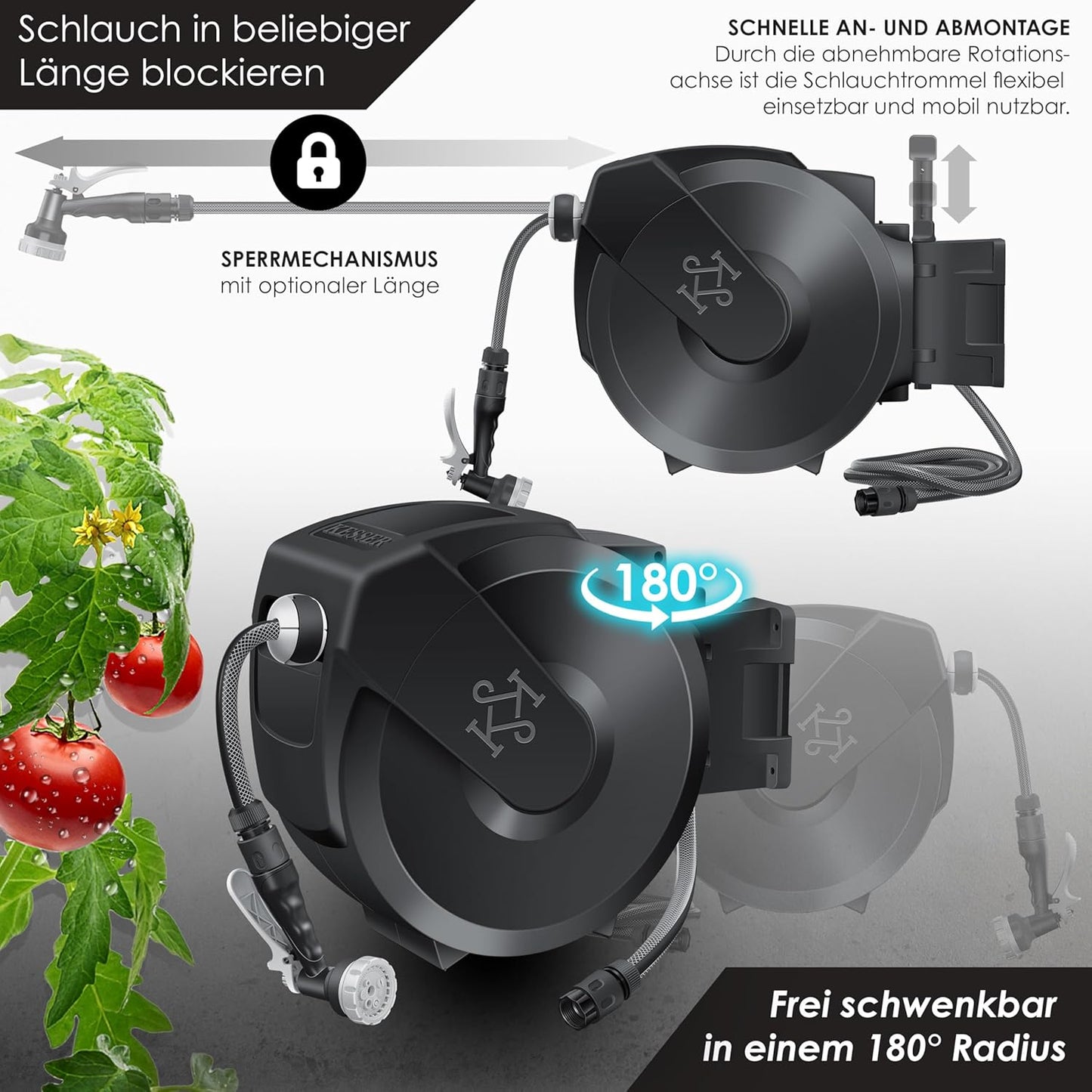 Schlauchtrommel mit Gartenschlauch 25m zur Wandmontage, Anthrazit / Schwarz