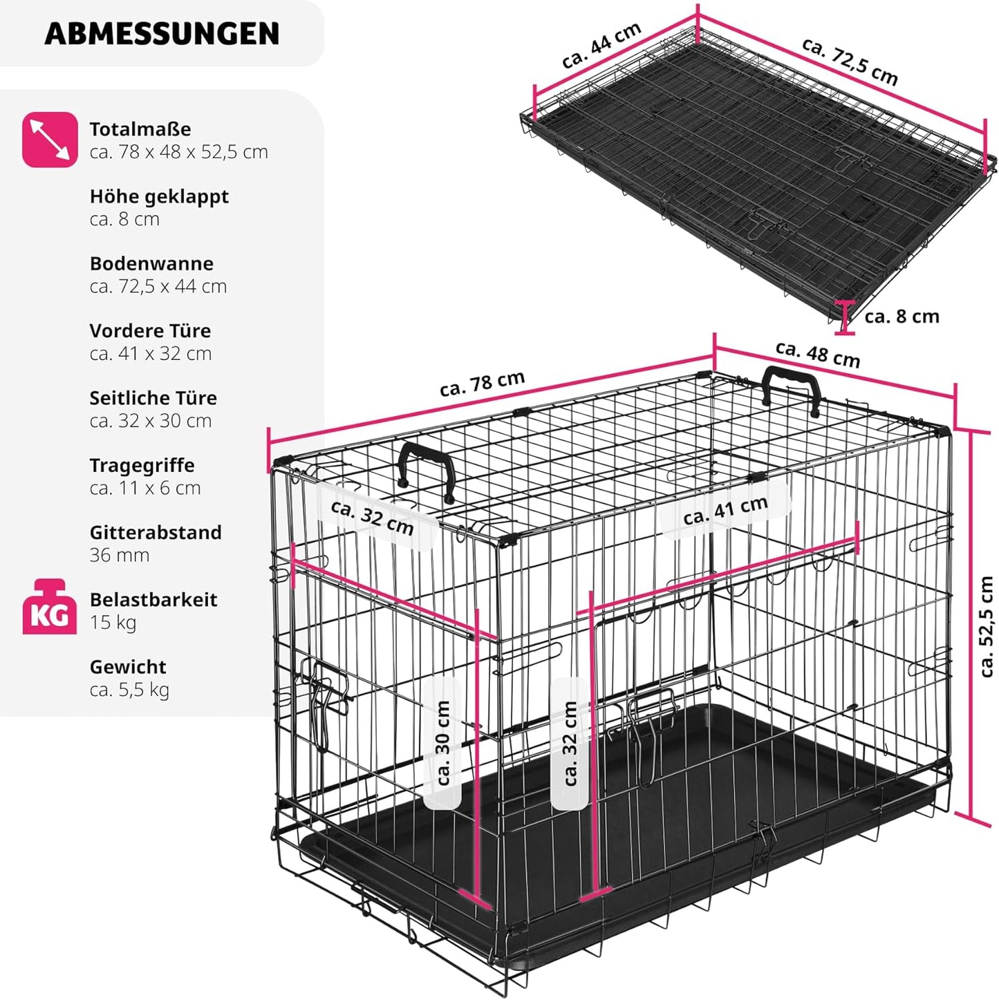 Faltbare Hundetransportbox, L 78 x B 48 x H 53 cm