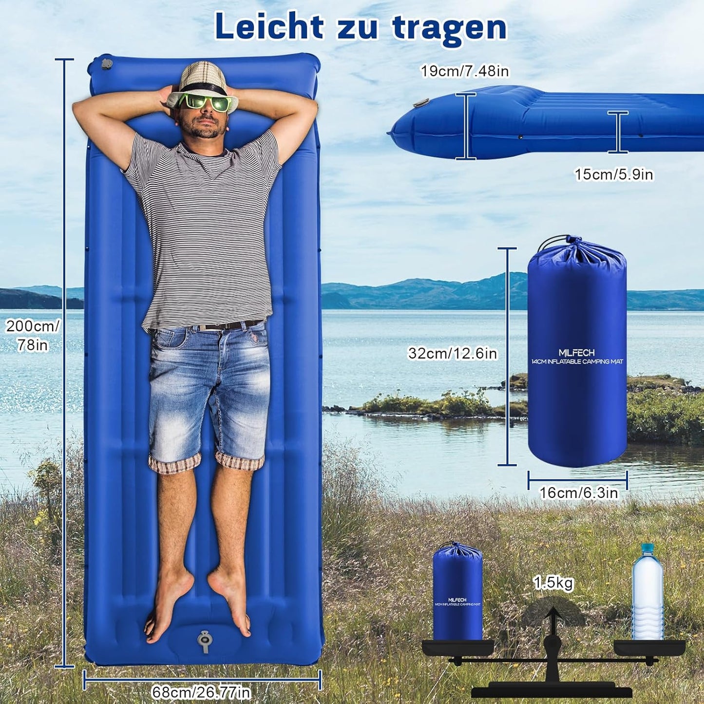 Aufblasbare Isomatte mit Fusspumpe & Kissen, Blau