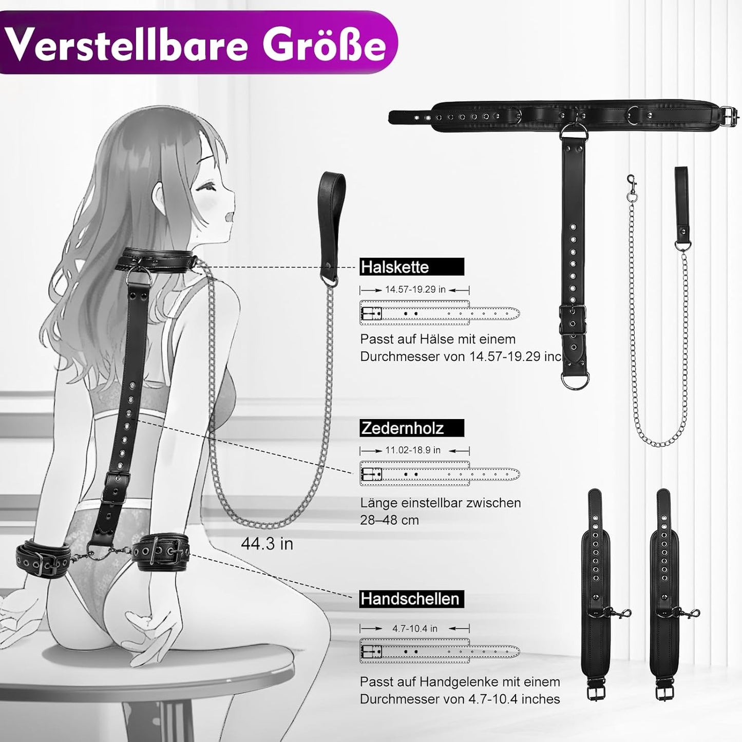 Bondage Set mit Lederhandschellen, Halsband und Leine