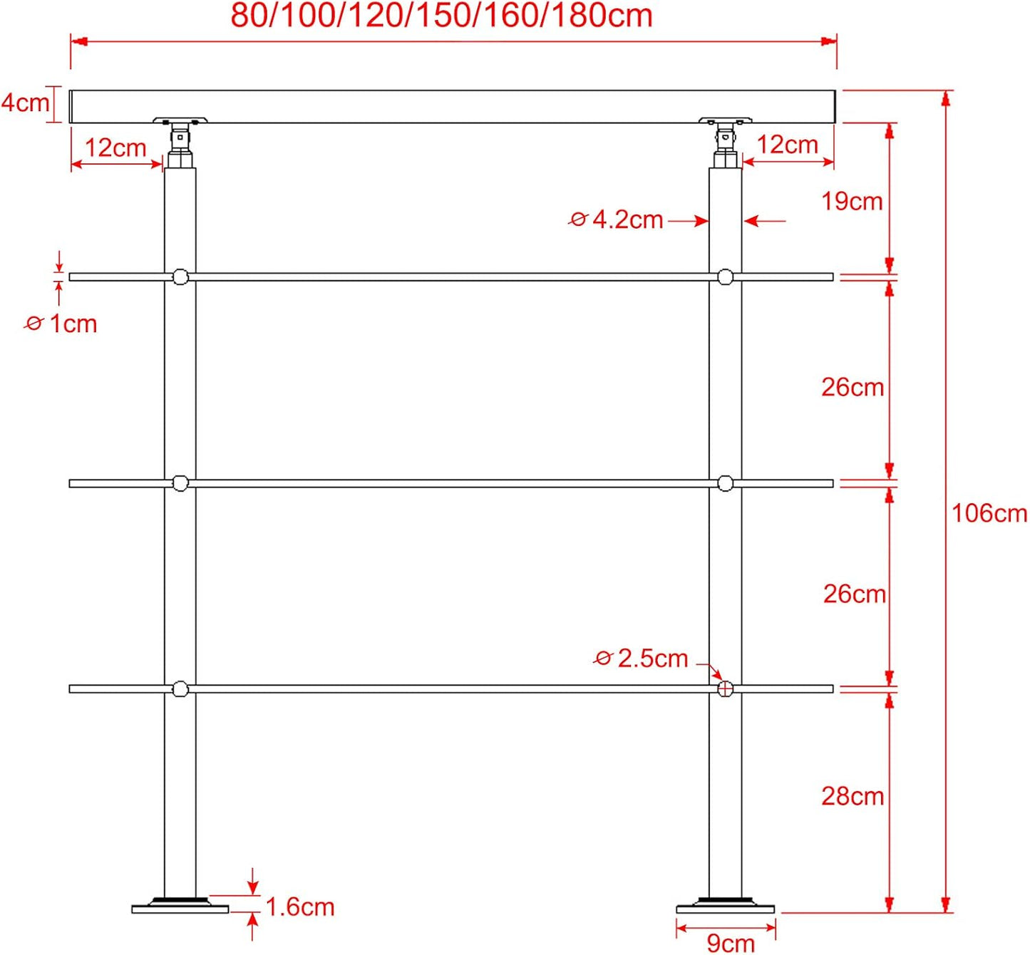 Treppengeländer Bausatz (100cm, 3 Querstreben), 100cm 3 Querstreben