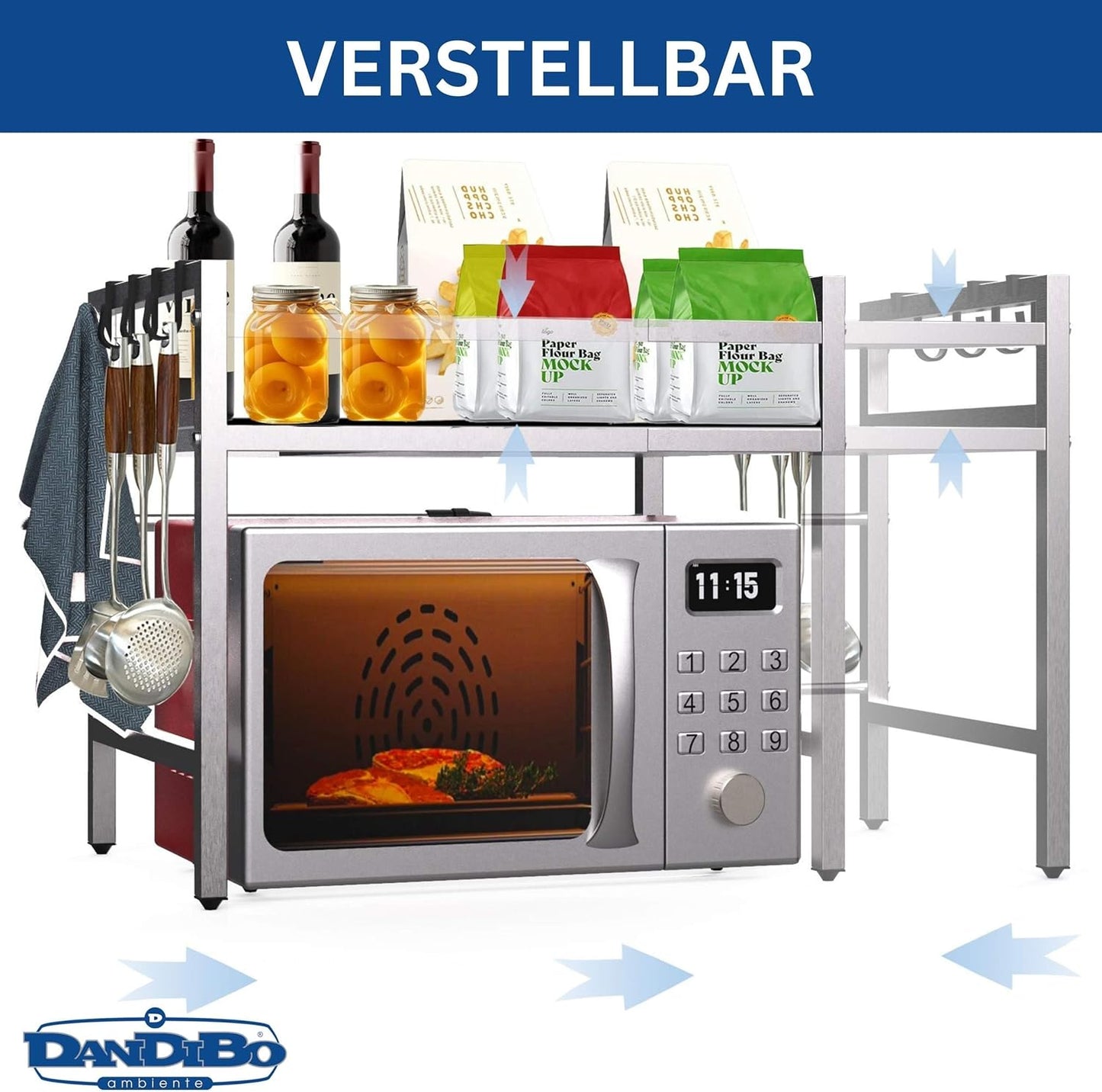 Verstellbares Mikrowellenregal 2-stufig, Silber/Edelstahl 2 Stufig, Höhe 46 cm