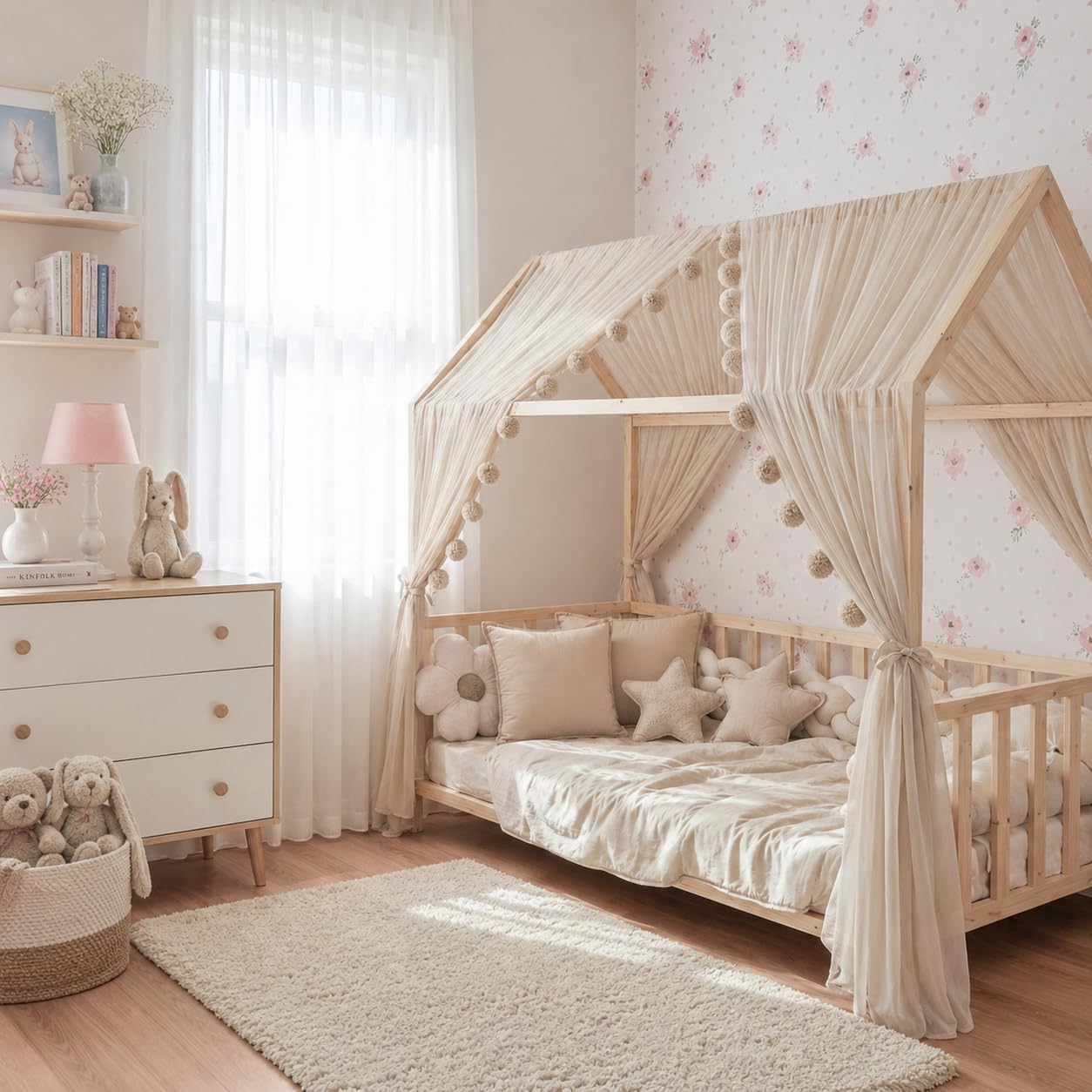 Betthimmel für Hausbett, Beige 380cm, ohne Pompomgirlande