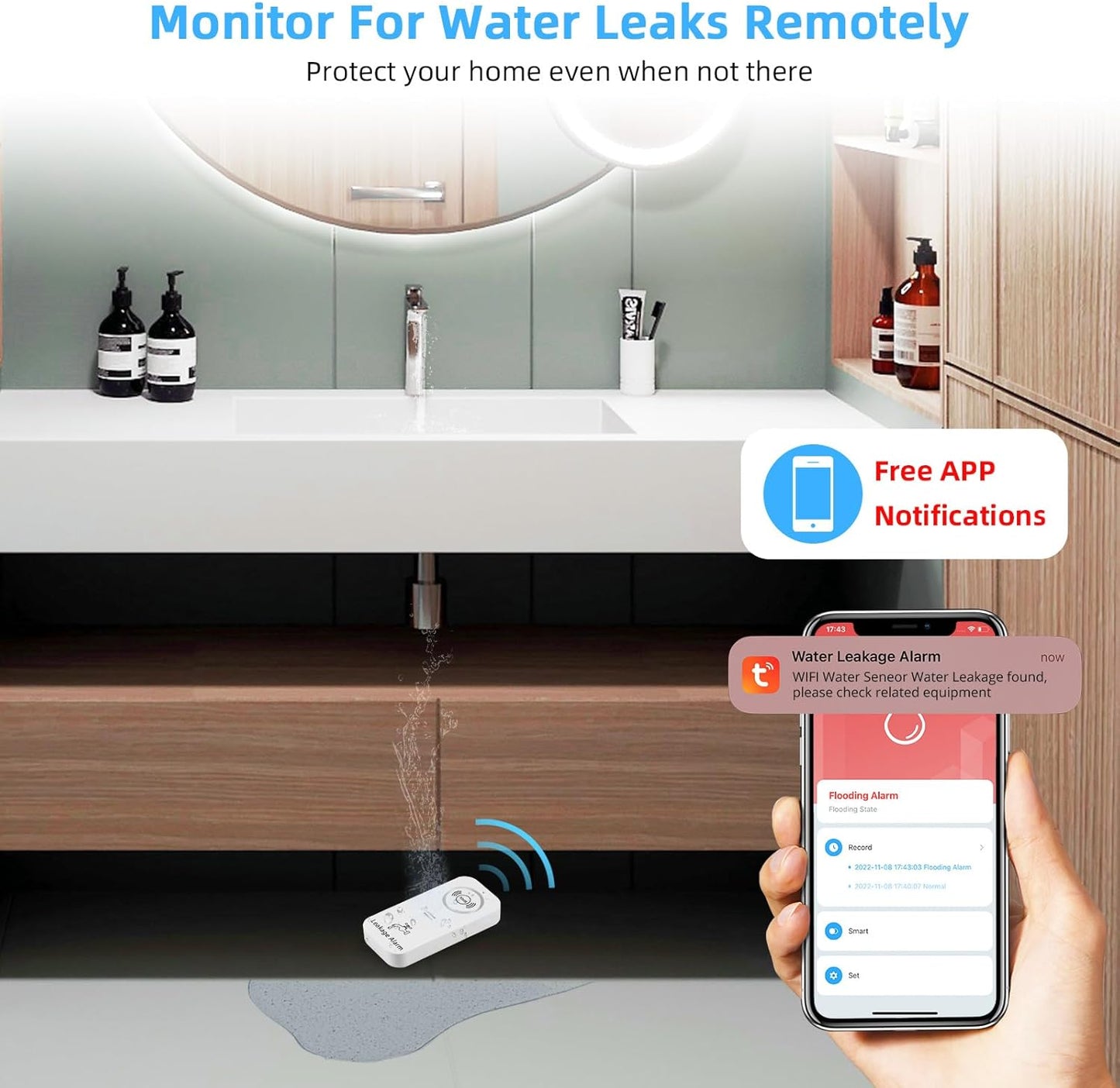 5er Set WLAN Wassermeldermit App Alarm, 5-teiliges Set